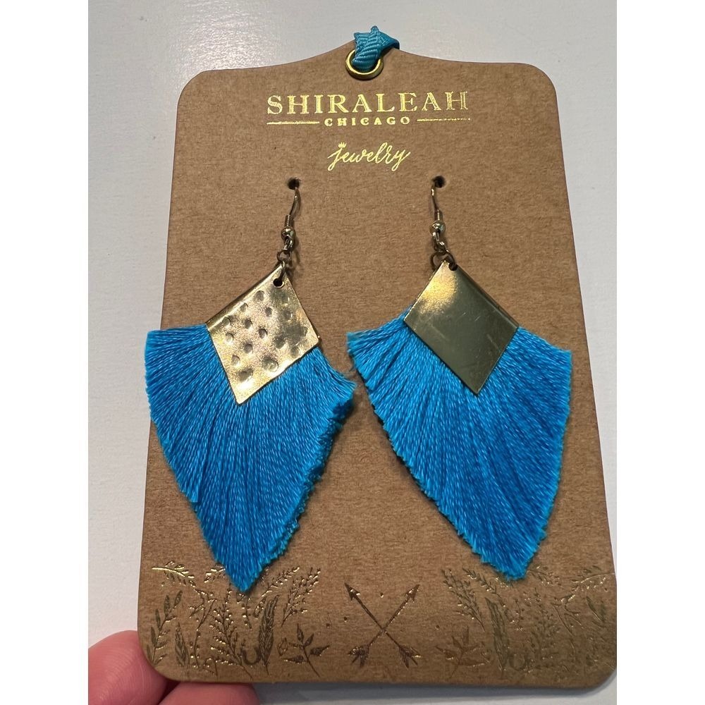 Shiraleah Earrings Women OS Blue NEW Fringe Tassel Gold Tone Hammered Diamond